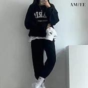 【AMIEE】韓系PARIS棉質休閒運動2件套裝(3色/M-3XL/KDAQ-807) L 黑色