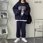 【AMIEE】韓系USA棉質休閒運動2件套裝(3色/M-3XL/KDAQ-8130) L 藏藍