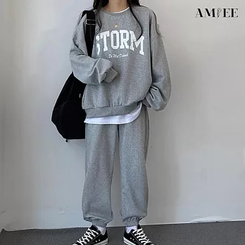 【AMIEE】韓系STORM棉質休閒運動2件套裝(3色/M-3XL/KDAQ-822) 3XL 深灰