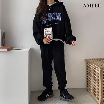 【AMIEE】韓系美式棉質休閒帽T2件套裝(5色/M-3XL/KDAQ-0178) L 黑色