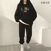 【AMIEE】韓系字母棉質休閒帽T2件套裝(3色/M-2XL/KDAQ-015) 2XL 黑色