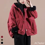 【ACheter】 復古韓版寬鬆連帽絨短款工裝長袖保暖外套# 120054 XL 紅色