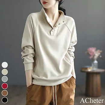 【ACheter】 創新大碼半開立領時尚文藝寬鬆顯瘦休閒百搭長袖短版上衣# 120068 L 米白色