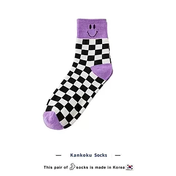 Kankoku韓國  黑白拼色格子笑臉棉襪   * 紫色