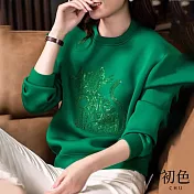 【初色】圓領刺繡文字珠片設計長袖T恤上衣-共3色-31503(M-2XL可選) M 綠色