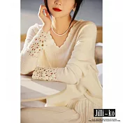 【Jilli~ko】羊絨感套頭針織衫小花邊鏤空長袖軟糯毛衣 J11271  FREE 白色
