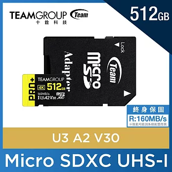 TEAM 十銓 PRO+ MicroSDXC 512GB UHS-I U3 A2 V30 記憶卡 (含轉卡+終身保固) 黑黃 黑黃