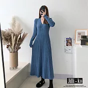 【Jilli~ko】收腰顯瘦V領針織連衣裙女百褶A字長裙 J11229  FREE 藍色