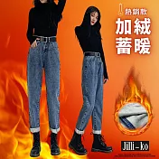 【Jilli~ko】加絨加厚牛仔褲女高腰保暖直筒老爹哈倫褲 M-2XL J11052 2XL 藍色
