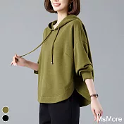 【MsMore】 連帽純色空氣棉寬鬆短款慵懶風爆款長袖上衣# 120092 M 橄欖綠色