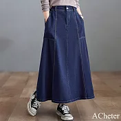 【ACheter】 加厚中長款牛仔高腰氣質A字顯瘦大擺裙# 120114 L 牛仔藍色