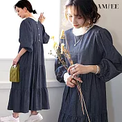 【AMIEE】甜系燈籠袖荷葉邊牛仔洋裝(2色/S-XL/KDDQ-8233) S 深藍