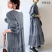 【AMIEE】甜系燈籠袖荷葉邊牛仔洋裝(2色/S-XL/KDDQ-8233) L 淺藍