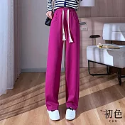 【初色】素色高腰抽繩直筒闊腿褲運動褲長褲-共3色-31370(M-2XL可選) XL 紫紅色