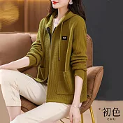 【初色】寬鬆長袖抽繩連帽條紋針織開衫外套-共3色-31540(F可選) F 黃綠色