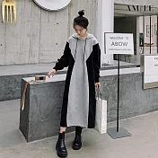 【AMIEE】設計感撞色拼接連帽洋裝(黑灰色/L-3XL/KDDQ-0670) XL 黑灰色