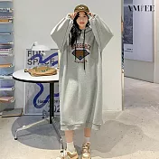 【AMIEE】舒適刷毛寬鬆連帽衛衣洋裝(2色/L-3XL/KDDQ-7906) XL 灰色