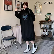 【AMIEE】舒適刷毛寬鬆連帽衛衣洋裝(2色/L-3XL/KDDQ-7906) XL 黑色