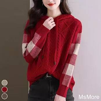 【MsMore】 毛衣慵懶風休閒連帽寬鬆針織衫長袖短版上衣# 120292 FREE 紅色