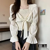 【Jilli~ko】法式設計感方領襯衫女蝴蝶結長袖短上衣 J11319  FREE 白色