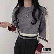 【Jilli~ko】拼色短款套頭毛衣女圓領籠袖針織衫 J11277  FREE 灰色