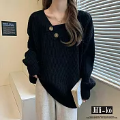 【Jilli~ko】慵懶風V領毛衣女寬鬆設計感針織中大尺碼 J11315  FREE 黑色