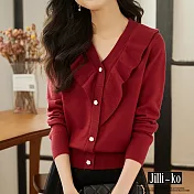 【Jilli~ko】荷葉邊毛衣女V領復古翻領針織開衫 J11325  FREE 紅色