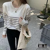 【Jilli~ko】條紋寬鬆針織衫女法式經典長袖T恤 J11374  FREE 白色