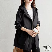【初色】秋季時尚修身收腰長袖風衣外套-共2色-31692(M-2XL可選) 2XL 黑色