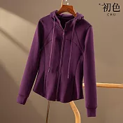 【初色】素色抽繩顯瘦拉鍊連帽長袖衛衣運動外套-共2色-31662(M-2XL可選) M 紫色