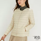 【初色】簡約純色保暖羽絨棉V領中大尺碼休閒外套-共12色-65412(M-2XL可選) M 米白色