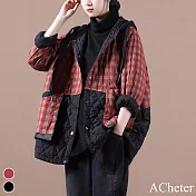 【ACheter】 文藝大碼棉麻感棉衣格子長袖外套大碼寬鬆連帽棉襖中長保暖# 120123 XL 紅色