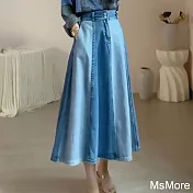 【MsMore】 顯瘦後鬆緊高腰中長撞色牛仔裙# 120364 L 藍色