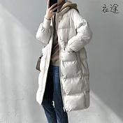 [衣途]竹節棉暖蓬中長版撞色連帽外套M,L(KDCQ-B289) M 米白色