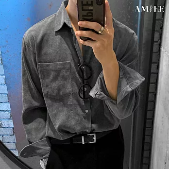 【AMIEE】日系燈芯絨復古長袖襯衫(男裝/KDTQ-601) L 灰色