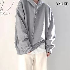 【AMIEE】慵懶風連帽保暖寬鬆針織衫毛衣(男裝/KDTQ─YM15) M 灰色