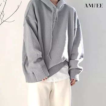 【AMIEE】慵懶風連帽保暖寬鬆針織衫毛衣(男裝/KDTQ-YM15) M 灰色