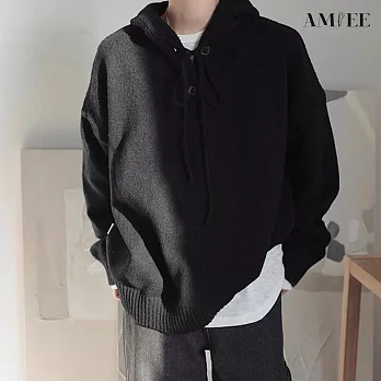 【AMIEE】慵懶風連帽保暖寬鬆針織衫毛衣(男裝/KDTQ-YM15) L 黑色