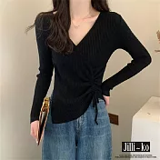 【Jilli~ko】V領抽繩不規則針織衫女內搭設計感上衣 J11290  FREE 黑色