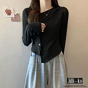 【Jilli~ko】不規則翻領針織衫女軟糯坑條單排扣設計 J11356  FREE 黑色