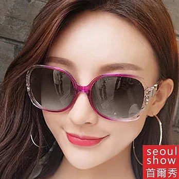 seoul show首爾秀 金屬皮帶扣漸層透花太陽眼鏡UV400墨鏡 8801 紫框透花黑灰片