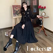 【Lockers 木櫃】秋冬顯瘦花朵刺繡氣質連衣裙 L112121901 L 黑色L
