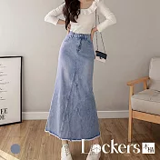 【Lockers 木櫃】春季開衩時尚牛仔魚尾半身裙 L112121904 L 淺藍色L