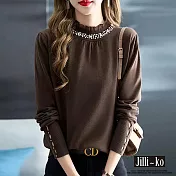 【Jilli~ko】荷葉高領釘珠設計感鏤空長袖針織衫 J11371  FREE 咖色
