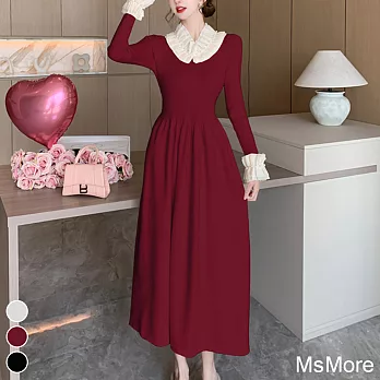 【MsMore】 韓國chic法式宮廷風釘珠花邊領長袖高腰修身針織連身裙長版洋裝# 120454 FREE 紅色