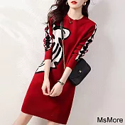 【MsMore】 溫柔系圓領長袖印花紅漂亮好氣色連身裙中長版針織毛衣洋裝# 120465 FREE 紅色