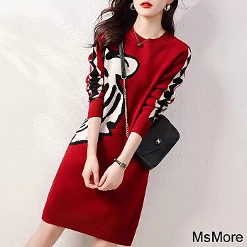 【MsMore】 溫柔系圓領長袖印花紅漂亮好氣色連身裙中長版針織毛衣洋裝# 120465 FREE 紅色