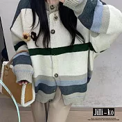 【Jilli~ko】慵懶風寬鬆毛衣女條紋撞色針織外套 J11502  FREE 杏色