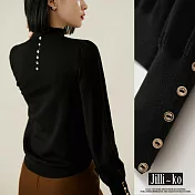 【Jilli~ko】鏤空袖造型扣女半高領打底針織衫 J11511  FREE 黑色