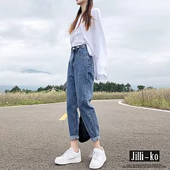 【Jilli~ko】可調節高腰寬鬆牛仔蘿蔔直筒褲 M─2XL J11000 M 藍色